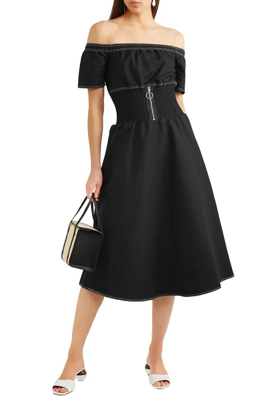 NWOT Maje Relera‎ Black Off-Shoulder Zip Midi Dress Size Small (1) Smocked Waist